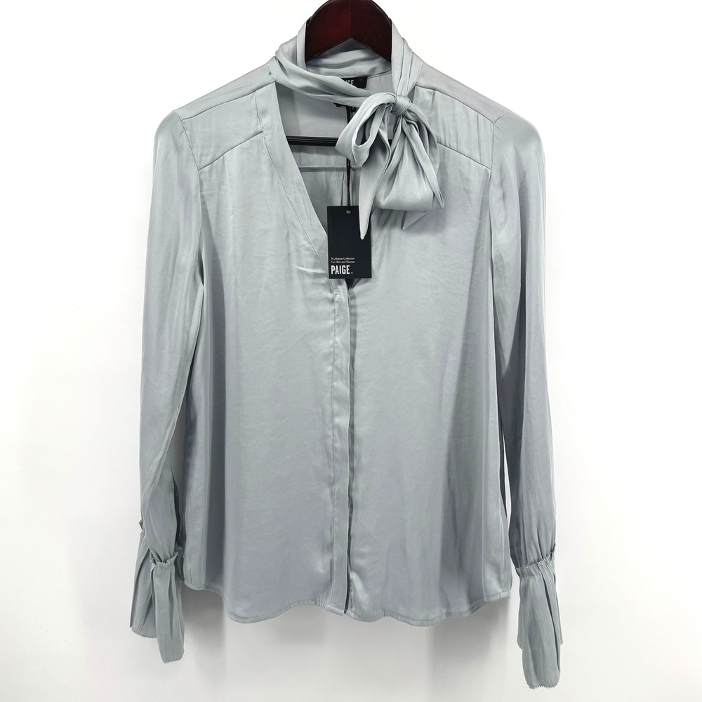 PAIGE Martina Blouse Women S Cloud Blue Satin Tie Neck Long Sleeve Office Chic